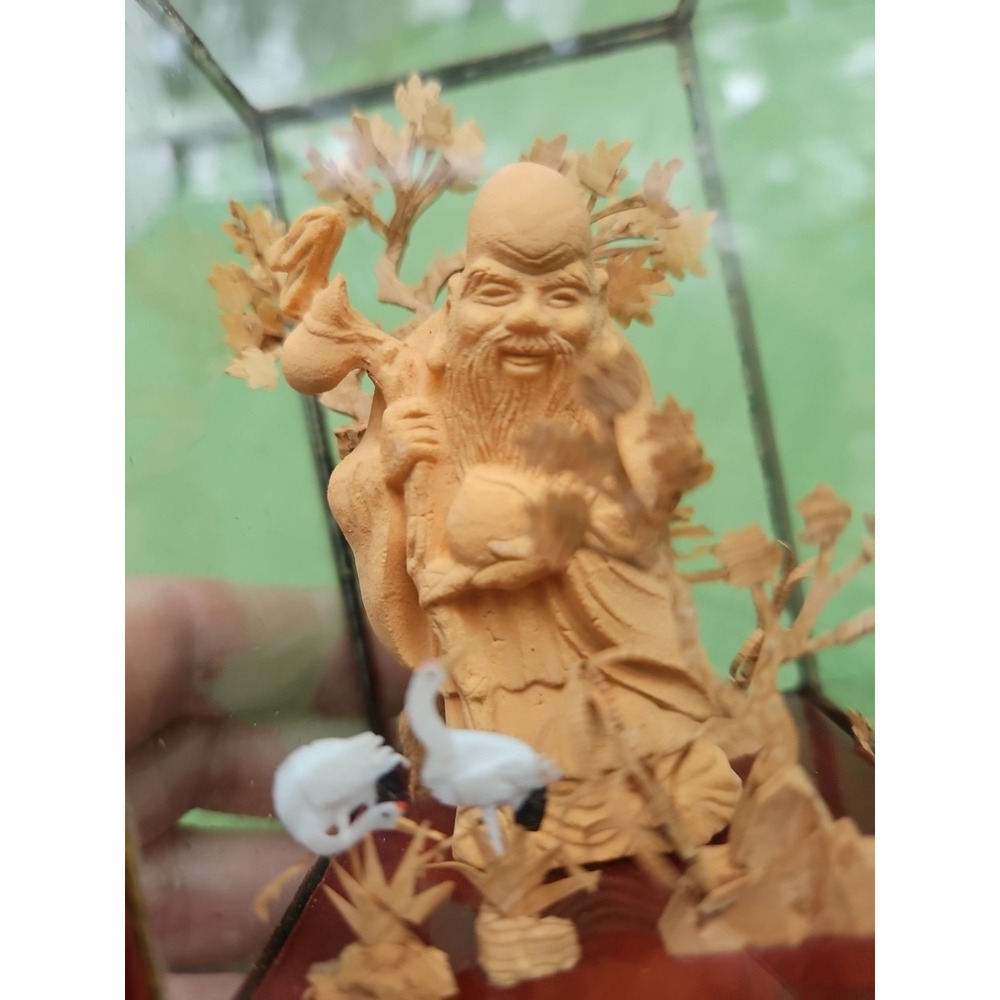 Chinese Cork Diorama Asian Crane Trees Vintage Art Carved Shou Xing Longevity 5"